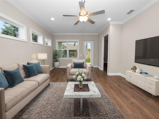 living room with ceiling fan, dark hardwood / wood-style floors, and crown molding