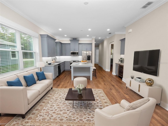 living room with light wood-type flooring, sink, and crown molding