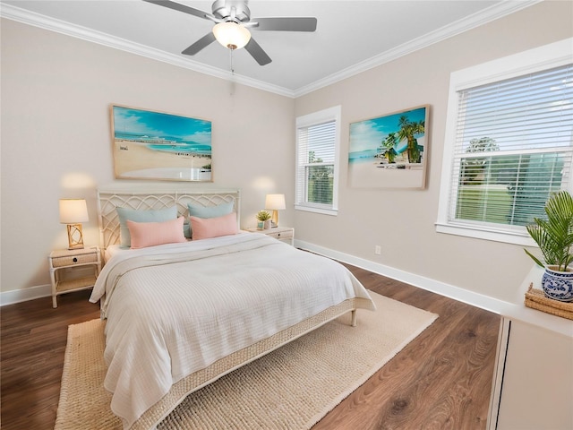 bedroom with dark wood-type flooring, ceiling fan, and ornamental molding