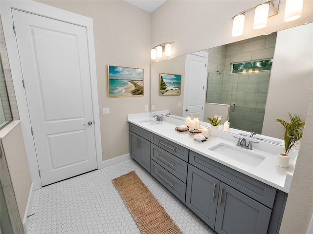 bathroom featuring tile patterned floors, walk in shower, and vanity