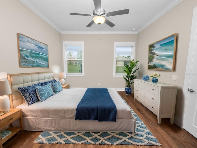 bedroom with ceiling fan, dark hardwood / wood-style flooring, ornamental molding, and multiple windows