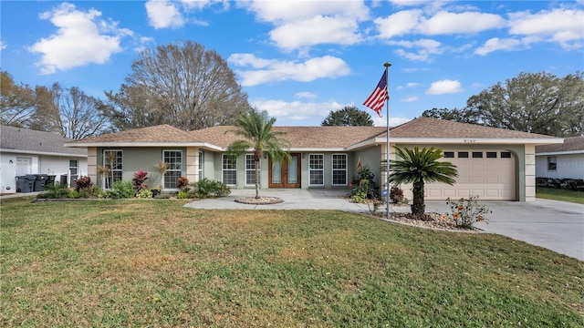 ranch-style house with a front yard and a garage