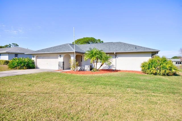 single story home with a garage and a front lawn