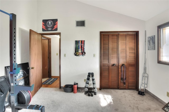 interior space featuring a closet and vaulted ceiling