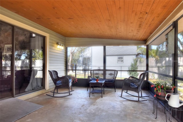 sunroom with wood ceiling