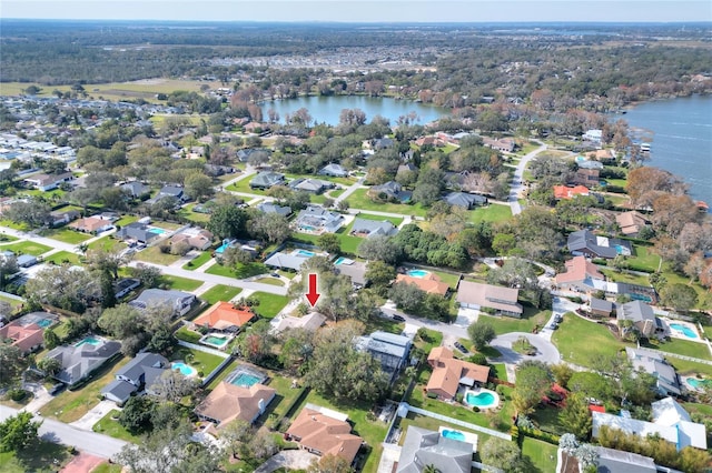 drone / aerial view featuring a water view