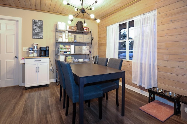 dining room with ornamental molding, wood ceiling, an inviting chandelier, dark hardwood / wood-style floors, and wood walls