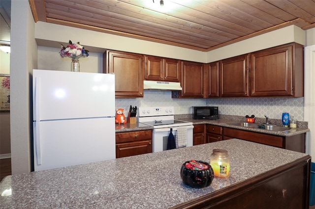 kitchen with white appliances, backsplash, wooden ceiling, crown molding, and sink