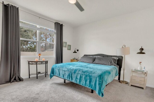 bedroom featuring ceiling fan and carpet floors