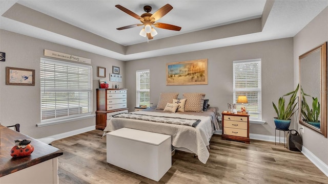 bedroom featuring dark hardwood / wood-style flooring, a tray ceiling, and ceiling fan