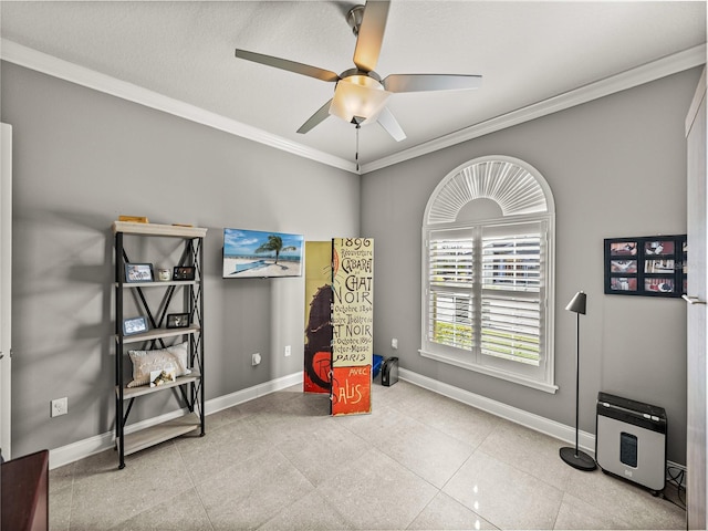 miscellaneous room featuring ceiling fan, crown molding, heating unit, and light tile patterned floors