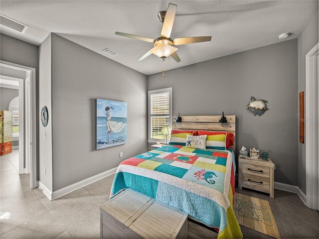 bedroom featuring a textured ceiling and ceiling fan