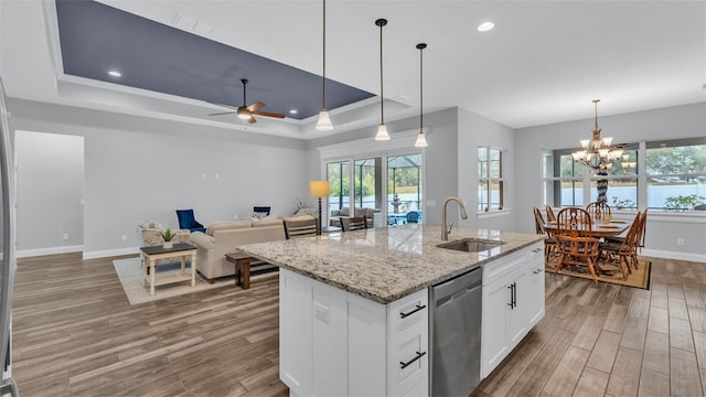 kitchen featuring sink, white cabinetry, stainless steel dishwasher, and a tray ceiling