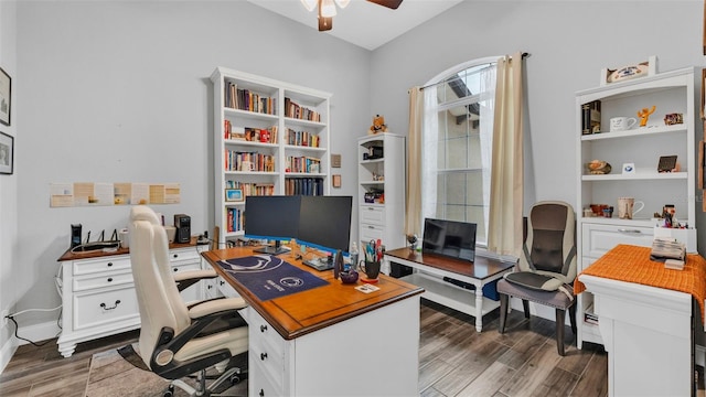 office area featuring ceiling fan and dark hardwood / wood-style floors