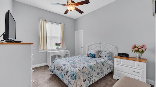 bedroom with ceiling fan and dark carpet