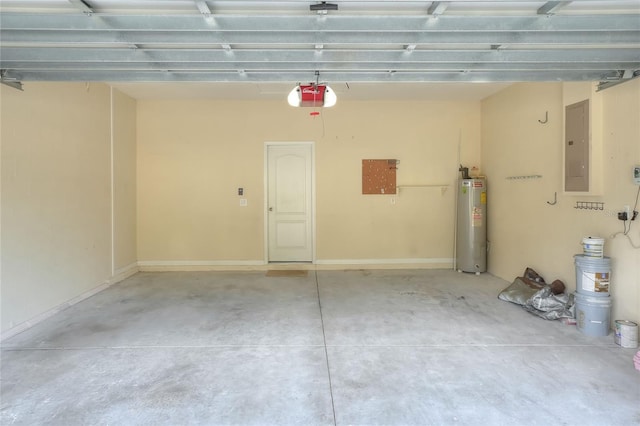 garage with electric panel, a garage door opener, and water heater