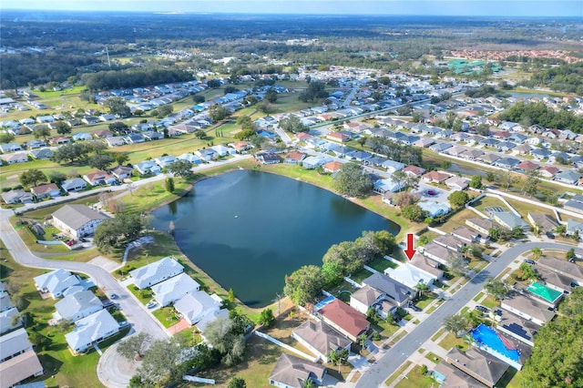 drone / aerial view with a water view