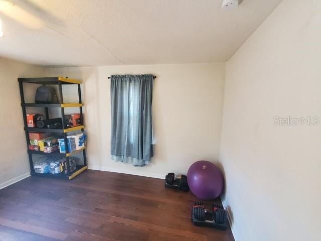 workout area featuring dark wood-type flooring