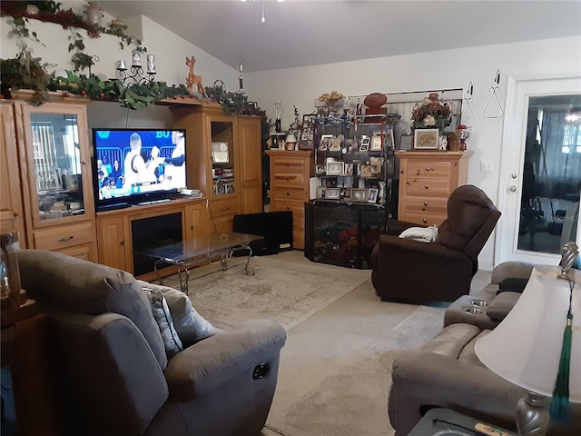 living room featuring light carpet