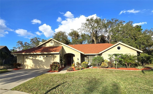 ranch-style house with a front yard and a garage