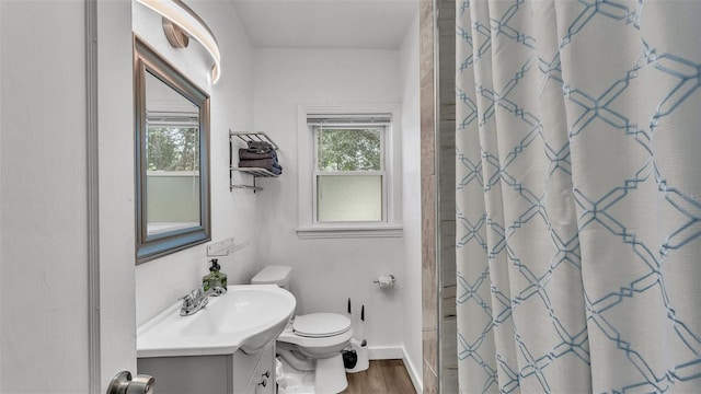 bathroom featuring plenty of natural light, vanity, wood-type flooring, and toilet