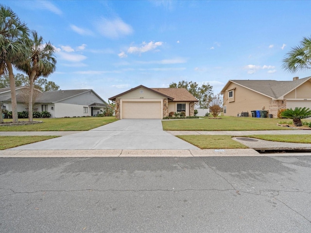 ranch-style house with a front yard and a garage