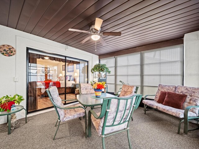 sunroom featuring ceiling fan and wood ceiling