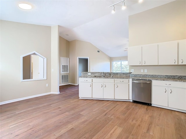 kitchen featuring dishwasher, light hardwood / wood-style floors, sink, white cabinetry, and light stone counters