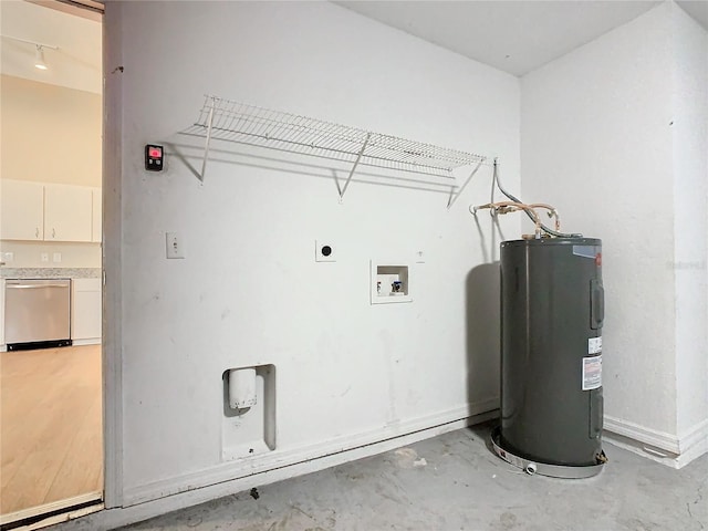 washroom with washer hookup, water heater, and hookup for an electric dryer