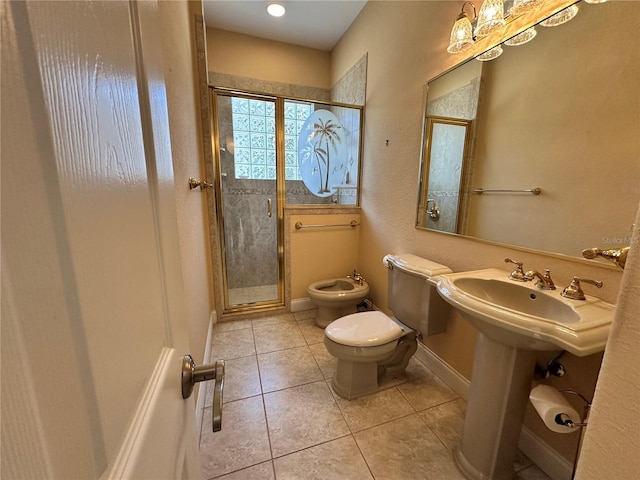 bathroom featuring a bidet, toilet, an enclosed shower, tile patterned floors, and sink