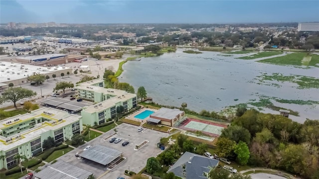 drone / aerial view with a water view