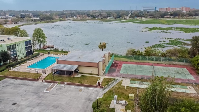 aerial view featuring a water view