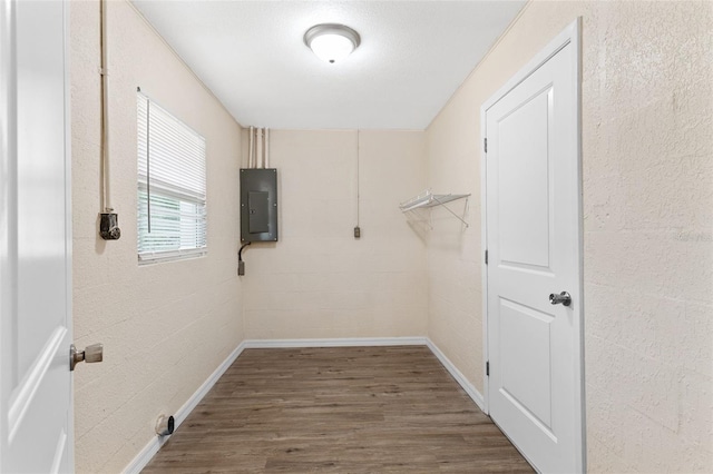 spacious closet featuring wood-type flooring and electric panel