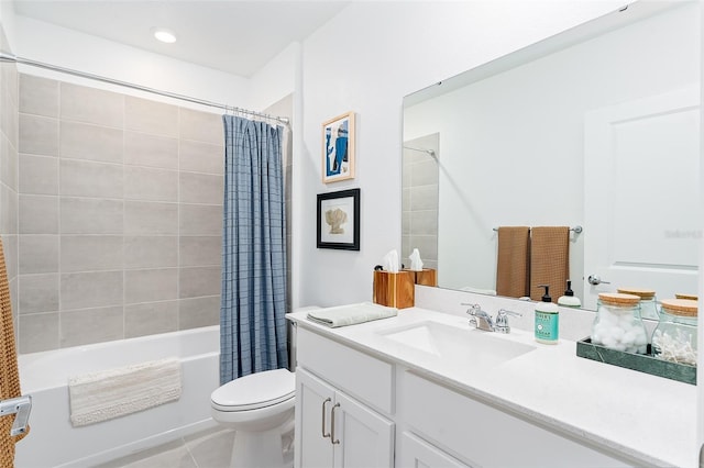 full bathroom featuring shower / bath combo, toilet, tile patterned flooring, and vanity