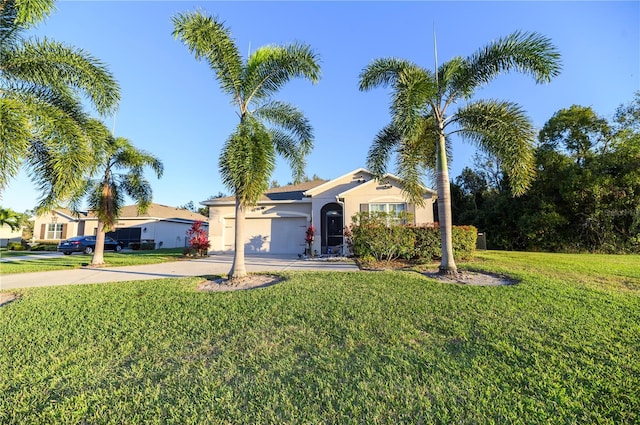 ranch-style house featuring a front lawn and a garage