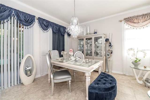 tiled dining area featuring crown molding