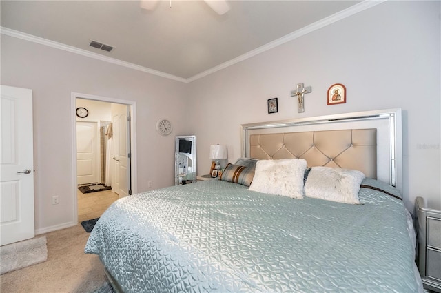 bedroom with ceiling fan, light colored carpet, and ornamental molding