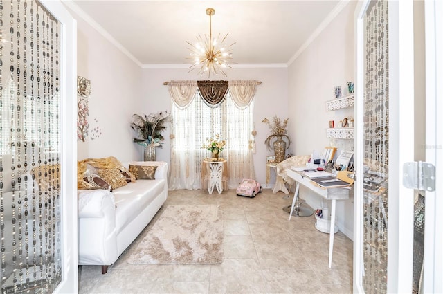 living area with a notable chandelier and crown molding