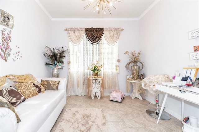 sitting room with ornamental molding and an inviting chandelier