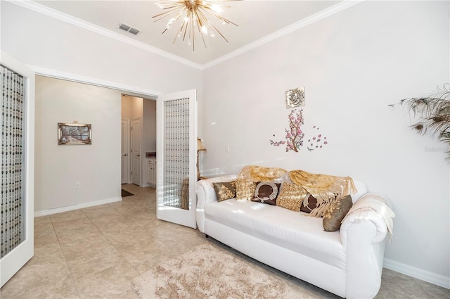 living room featuring crown molding, french doors, and a chandelier