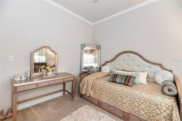 bedroom featuring light colored carpet and crown molding