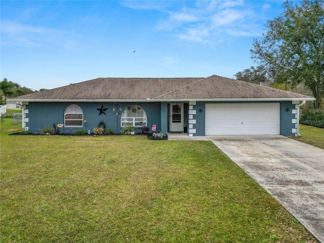 ranch-style home featuring a front yard and a garage