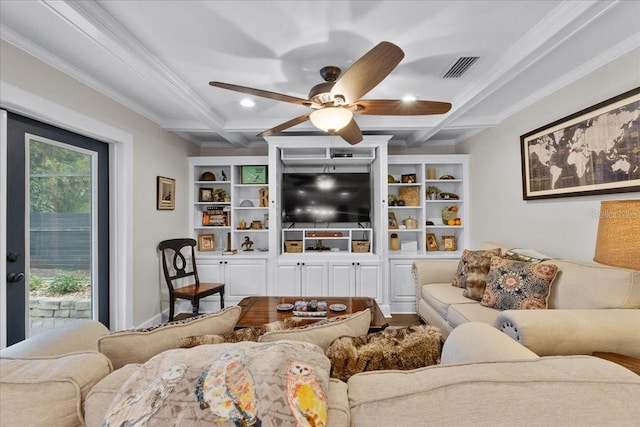 living room featuring ceiling fan, beam ceiling, a healthy amount of sunlight, and coffered ceiling