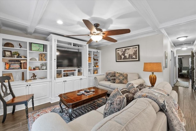 living room with beamed ceiling, dark wood-type flooring, ceiling fan, and coffered ceiling