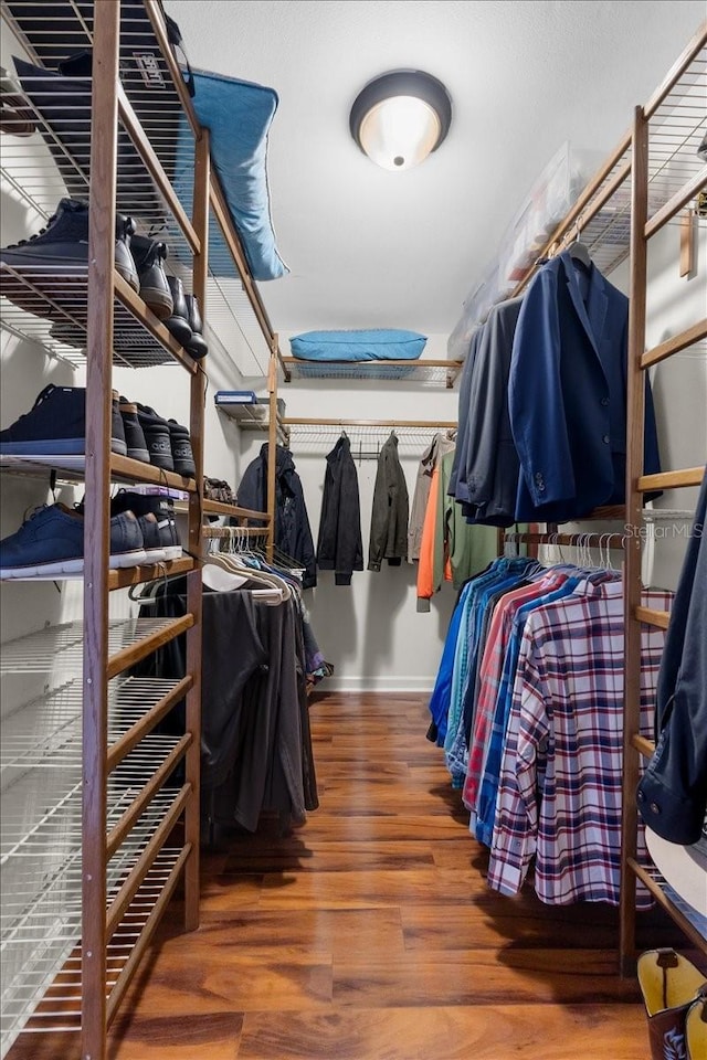 walk in closet with wood-type flooring