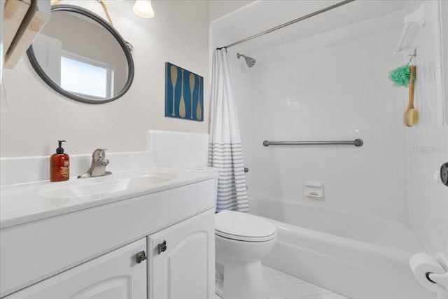 full bathroom with vanity, toilet, and shower / tub combo with curtain