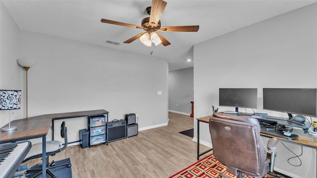 office area featuring ceiling fan and light hardwood / wood-style flooring