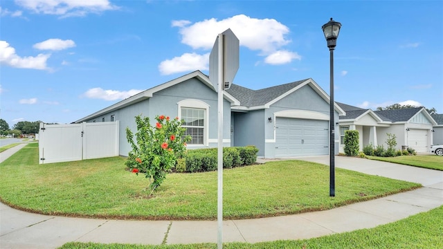 ranch-style home featuring a front yard and a garage