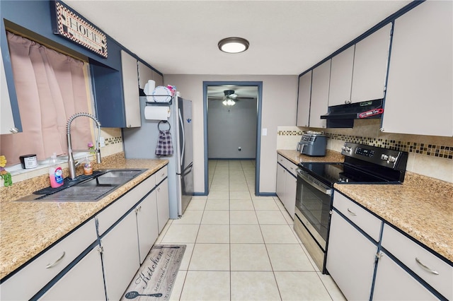 kitchen with ceiling fan, appliances with stainless steel finishes, sink, and white cabinetry