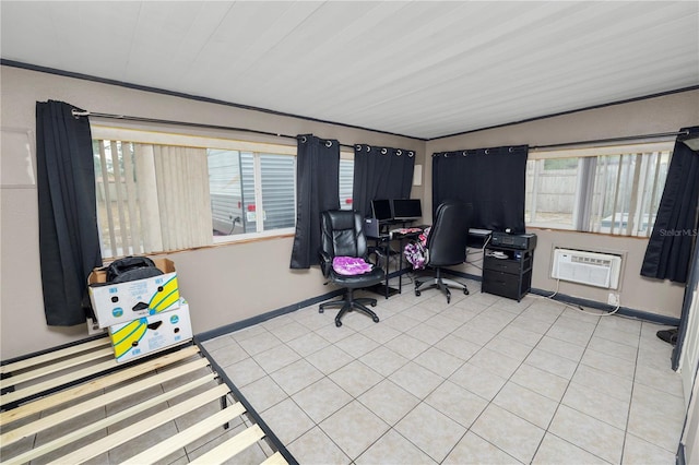 tiled home office featuring an AC wall unit